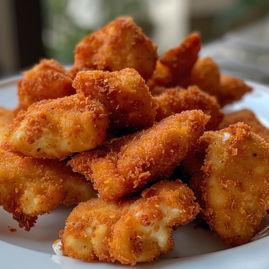 Nuggets de pollo en un fondo blanco, destacando su color dorado.