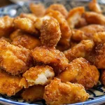 Primer plano de nuggets de pollo, resaltando su superficie crujiente.