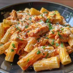 Pasta con pechuga de pollo y ajo, servida en un plato con queso rallado.
