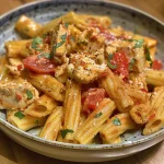 Vista lateral de un plato de penne con trozos de pollo y tomates secos.