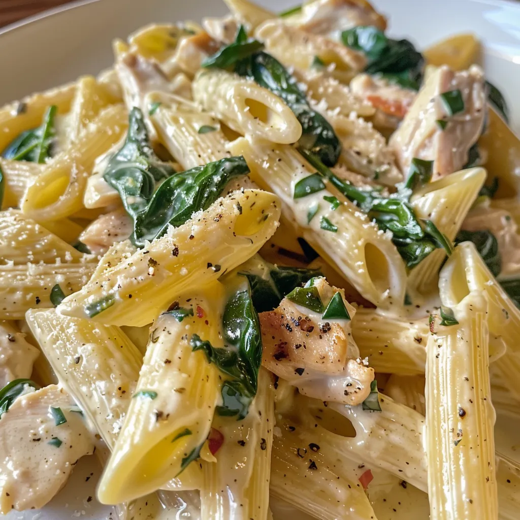 Delicious creamy pasta dish featuring diced chicken and vibrant spinach.