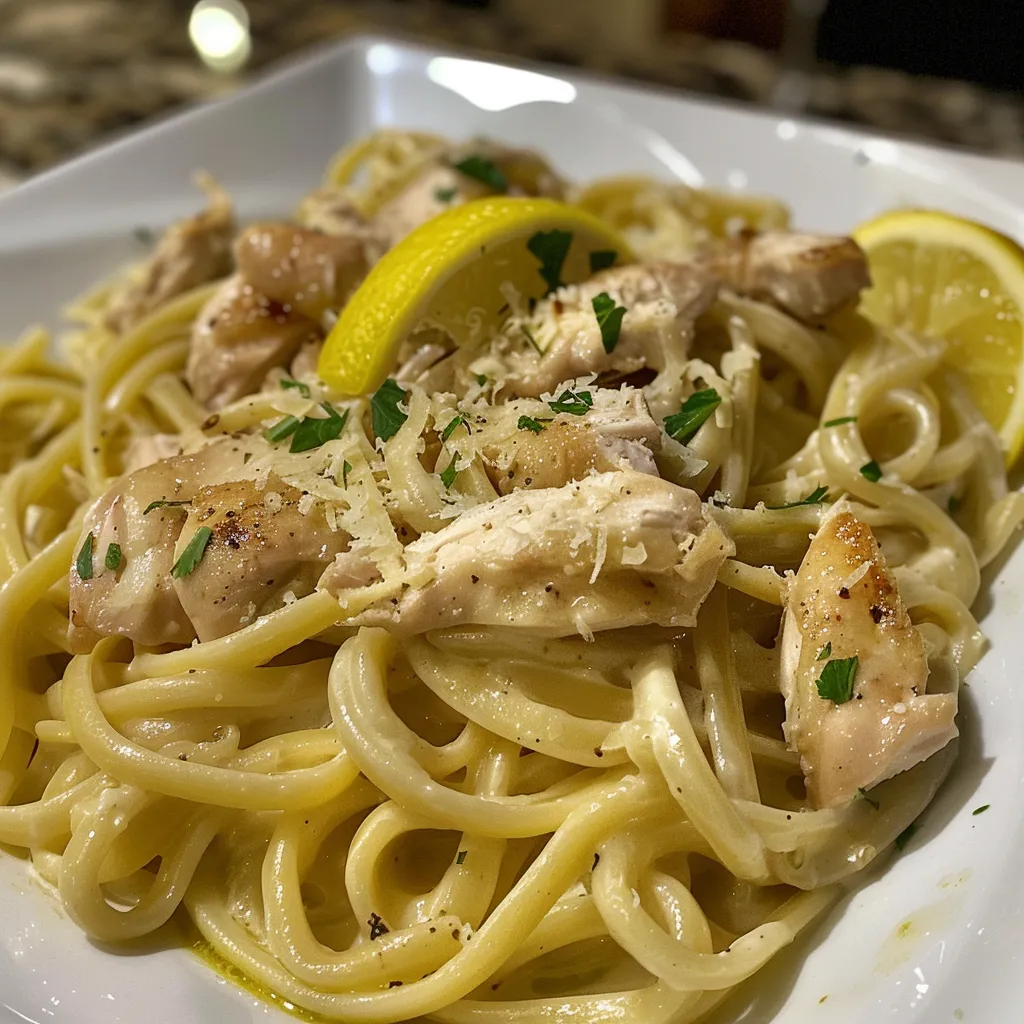 Pasta de Pollo al Limón servida en un plato, decorada con perejil fresco.