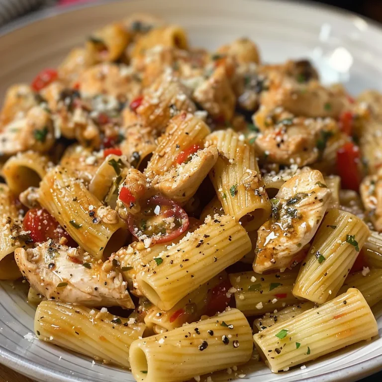 Plato de Pasta de Pollo Toscana con trozos de pollo, tomates cherry y queso parmesano.