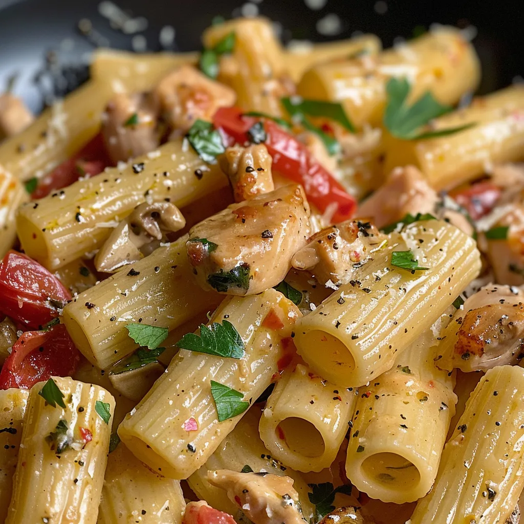 Pasta de Pollo Toscana presentada con decoración de perejil fresco.