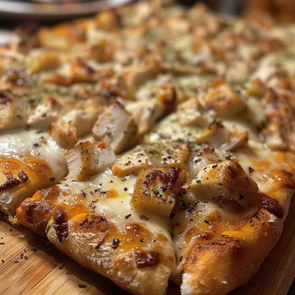 Vista detallada de una pizza de pollo, con ingredientes coloridos y frescos.