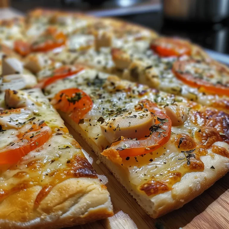 Descubre la Magia de Hacer Pizza de Pollo en Casa Vista lateral de una pizza de pollo con cebolla y jitomate.