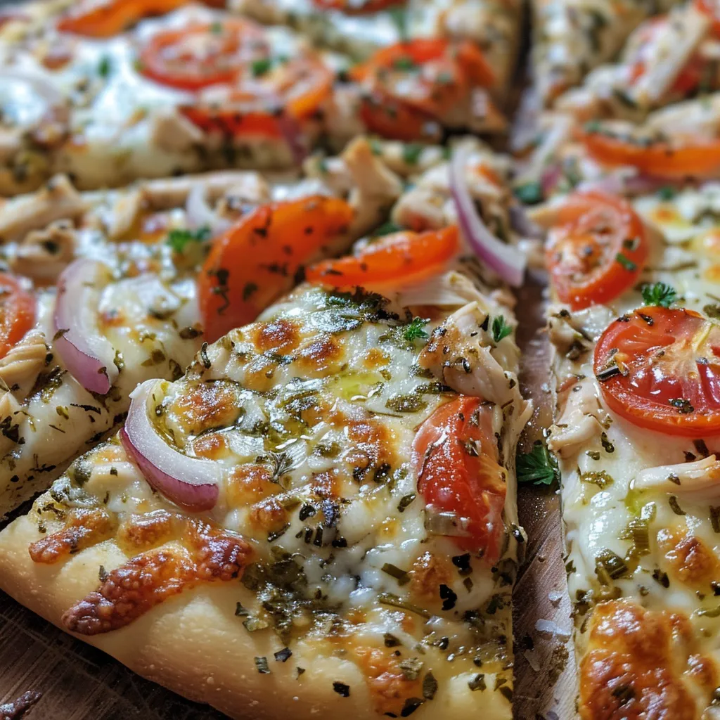 Pizza de pollo con aceitunas y cilantro, mostrando su textura apetitosa.