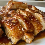Detalle de pollo tierno revestido y glaseado en un plato.