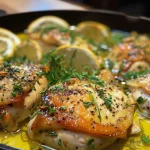 Muslos de pollo dorados con ajo, acompañados de yogur y hierbas.