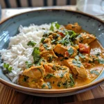 Tazón de arroz basmati con trozos jugosos de pollo al curry.