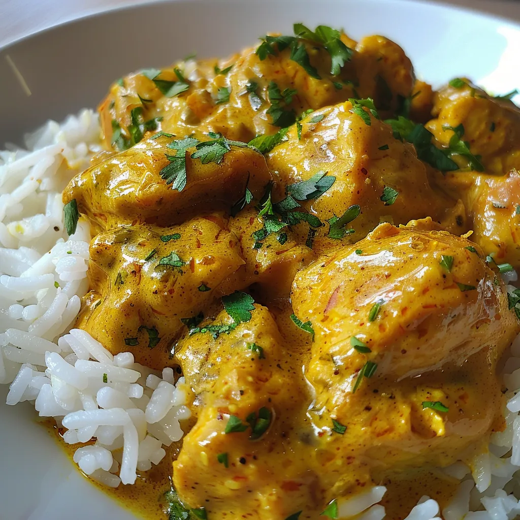 Pollo al curry con arroz basmati, enfocado desde un ángulo atractivo.