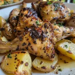 Pollo asado acompañado de papas y hierbas aromáticas.