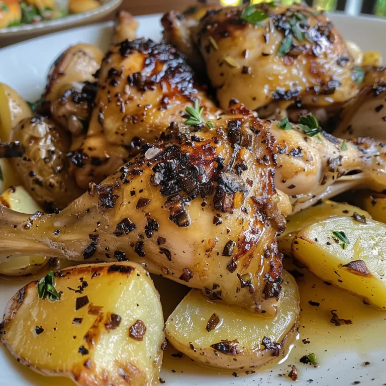 Pollo asado acompañado de papas y hierbas aromáticas.