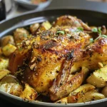 Pollo entero cocido con especias en freidora de aire.