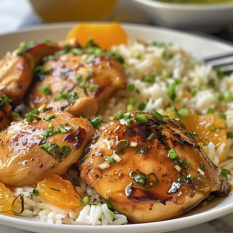 Close up de pollo a la naranja, con trozos de pollo y salsa apetitosa.