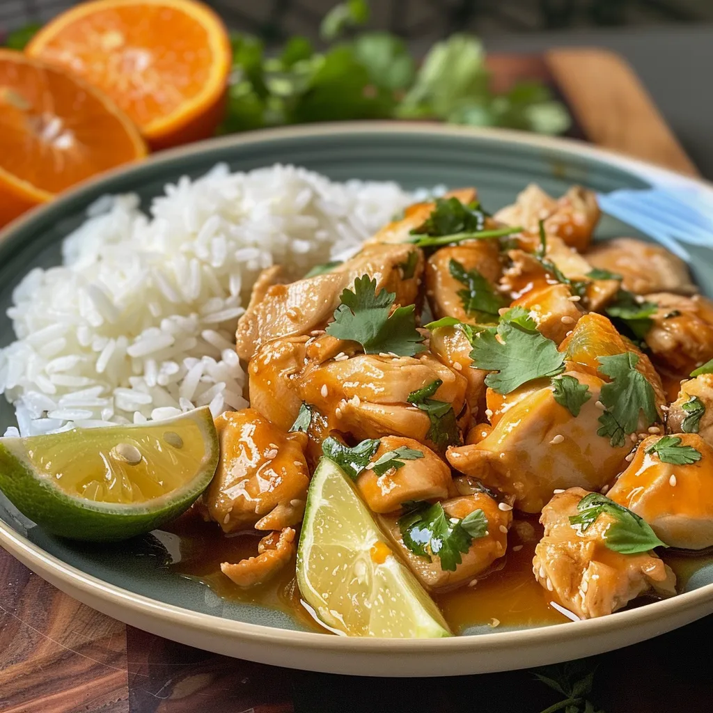 Vista lateral de pollo a la naranja, con ingredientes frescos a su alrededor.