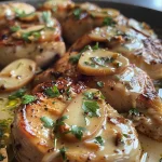 Primer plano de pollo en salsas, con textura cremosa y trozos de almendra.