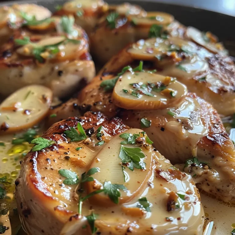 Primer plano de pollo en salsas, con textura cremosa y trozos de almendra.