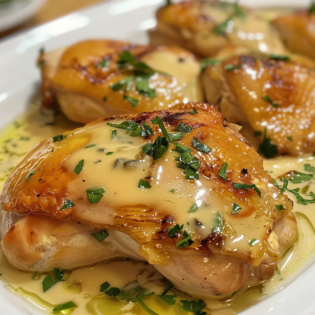Platos de pollo con crema de almendras, bien presentado y apetitoso.