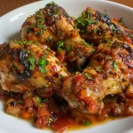 Side angle of Pollo con salsa de tomate, showcasing its rich sauce and texture.