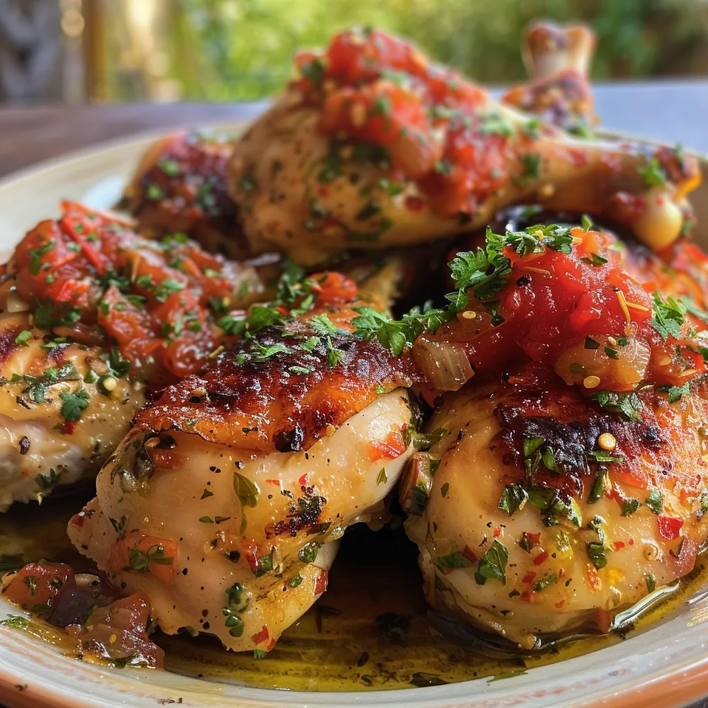 Delicious Pollo con salsa de tomate deshidratado garnished with parsley.