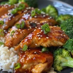 Vista lateral de un plato de pollo con salsa teriyaki y vegetales.