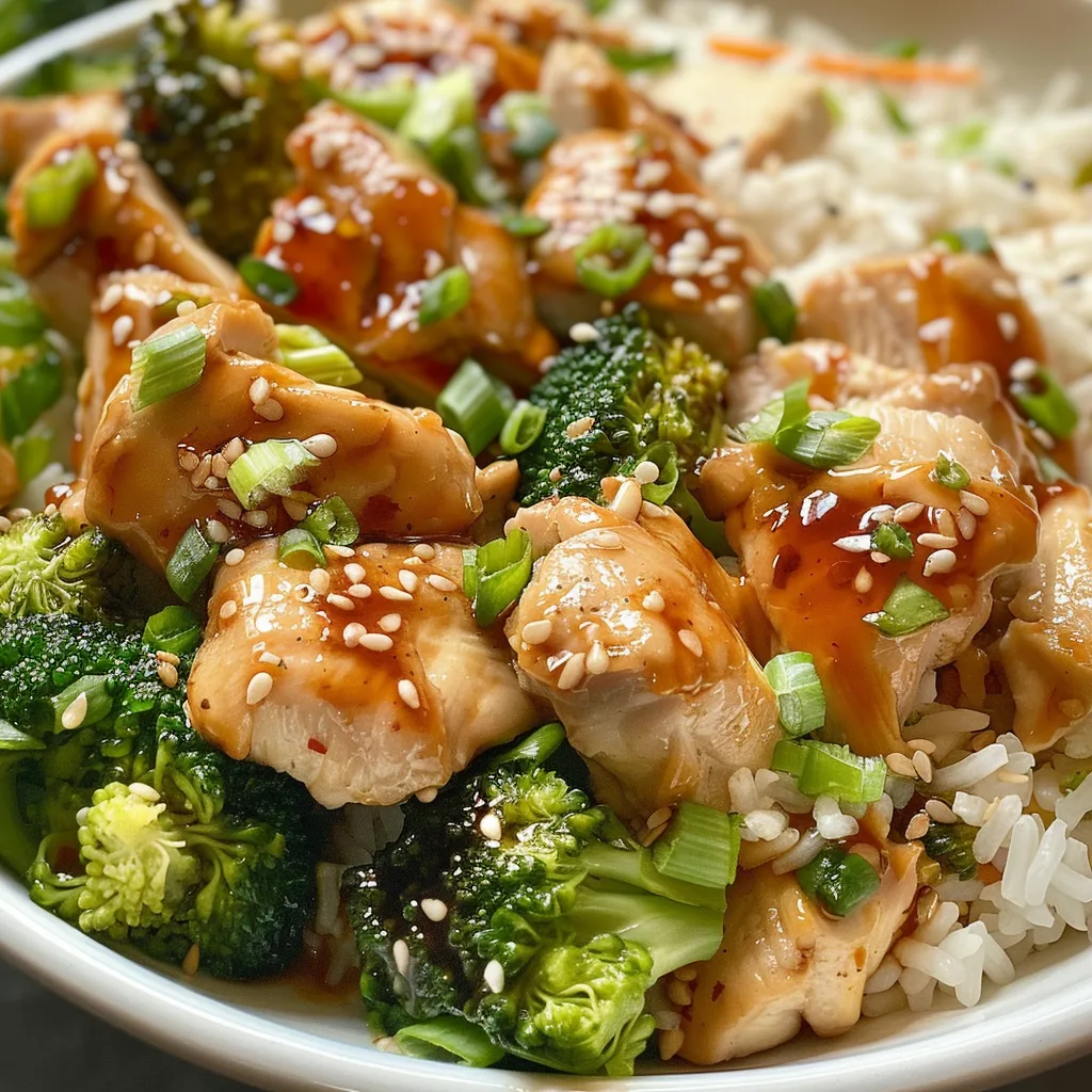 Pollo en salsa teriyaki presentado con brócoli y arroz en un plato.