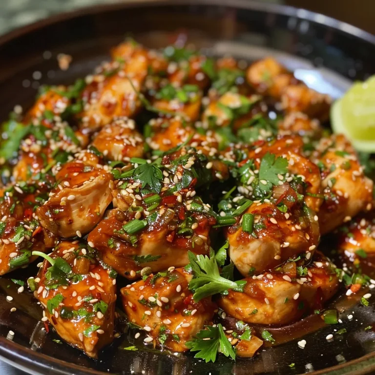 Vista lateral de pollo con sésamo, miel y soja, resaltando su jugosidad.