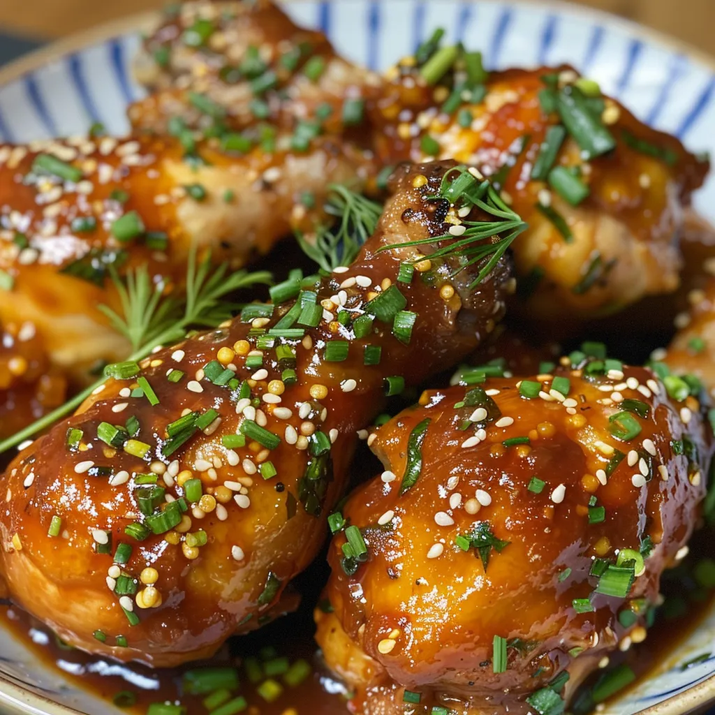 Primer plano de pollo dorado con salsa de miel y semillas de sésamo.