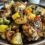 Primer plano de pollo tierno y verduras frescas cocinadas al vapor.