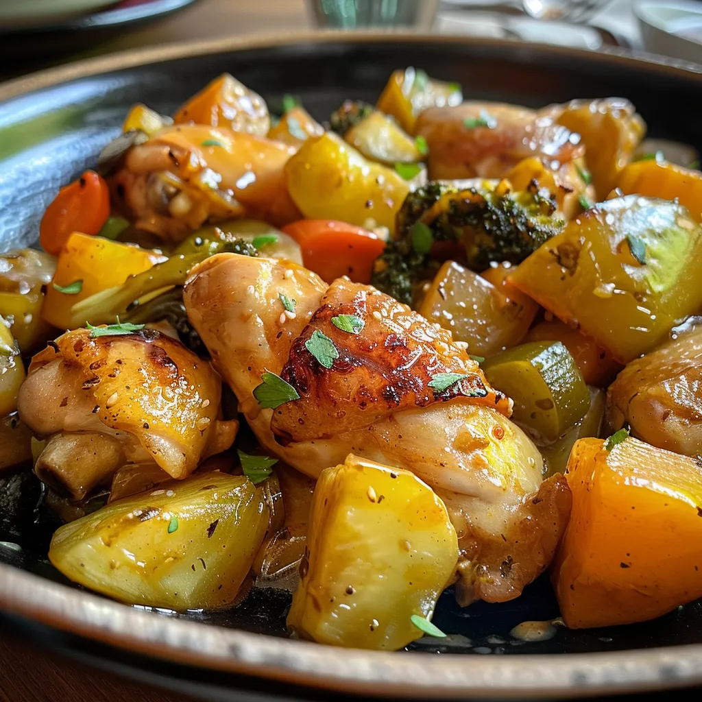 Deliciosa combinación de pollo y verduras al vapor presentada elegantemente.