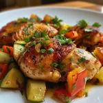 Close-up de pollo salteado con vegetales en un fondo oscuro.