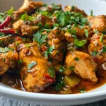 Tazón de pollo en adobo de chiles, decorado con cilantro fresco.