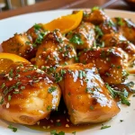 Vista lateral de un plato de pollo glaseado con salsa color naranja brillante.