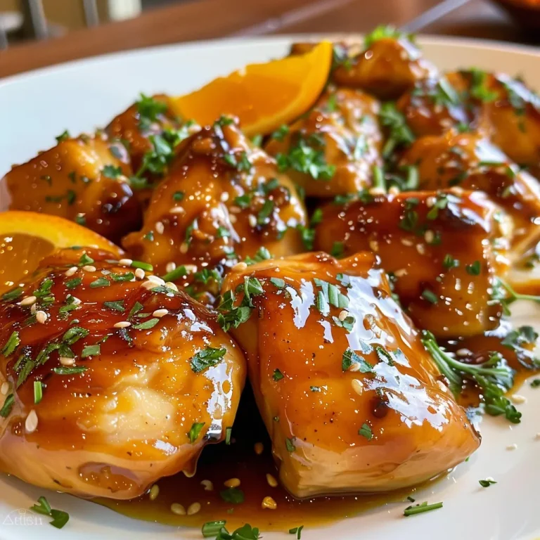 Descubre el Placer de un Pollo Glaseado en Salsa Agridulce de Naranja Vista lateral de un plato de pollo glaseado con salsa color naranja brillante.