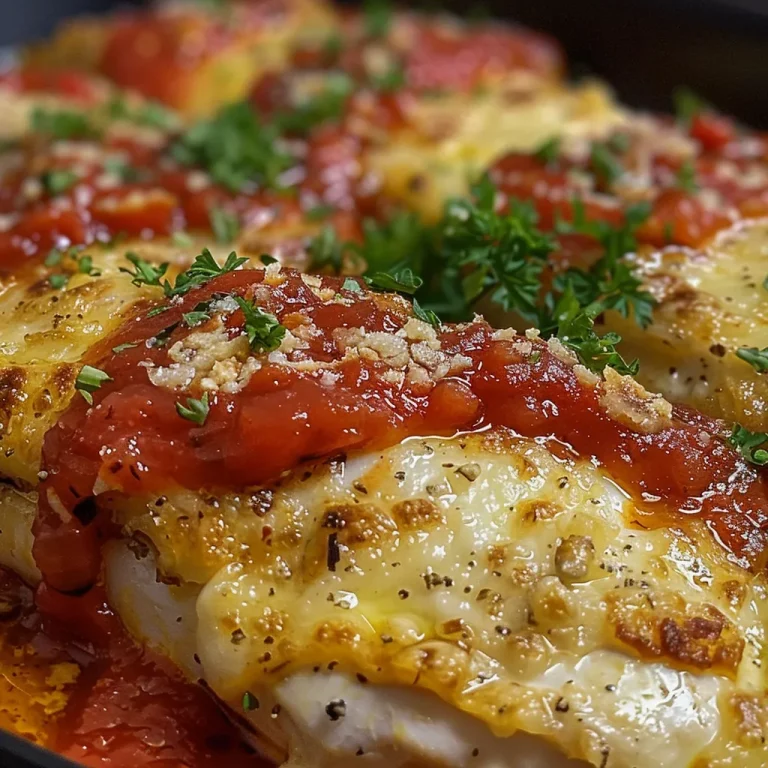 Filetes de pollo dorados y gratinados con salsa roja y hierbas aromáticas.