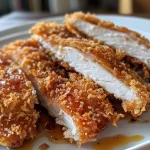 Vista lateral de pollo katsu crujiente, resaltando el panko dorado y la pechuga de pollo.