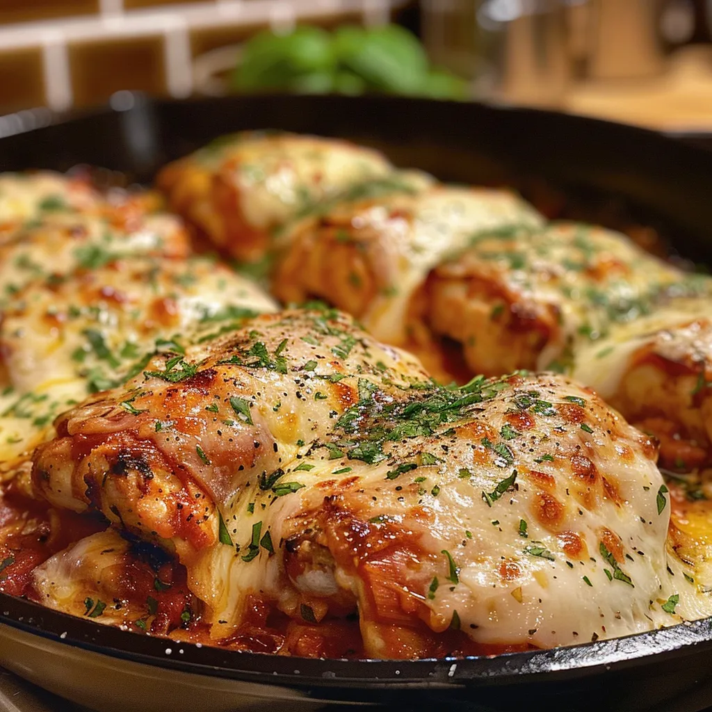 Porción de Pollo Parmesano al Horno con ingredientes claramente visibles.