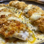 Close up de Pollo Parmesano, con textura crujiente y dorada.