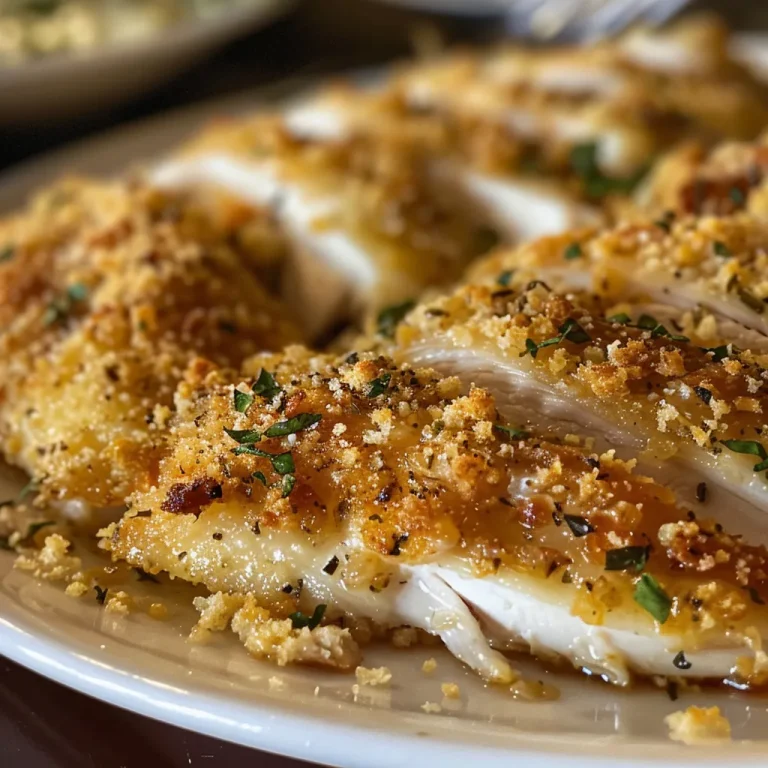 Pechuga de pollo jugosa servida con costra de pan y queso.