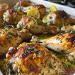 Imagen cercana de pollo horneado con aceitunas y ajo.