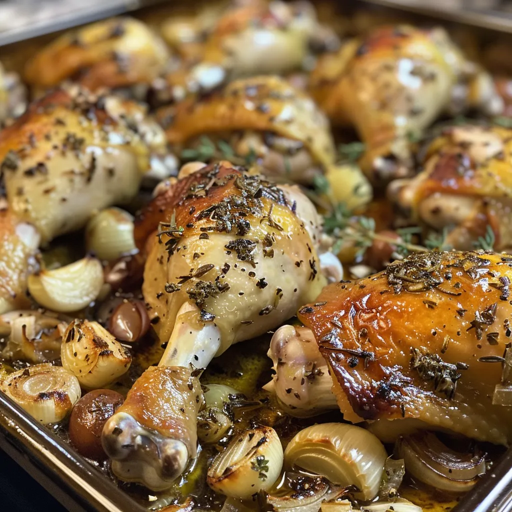 Vista lateral de Pollo provenzal al horno con decoraciones de hierbas.