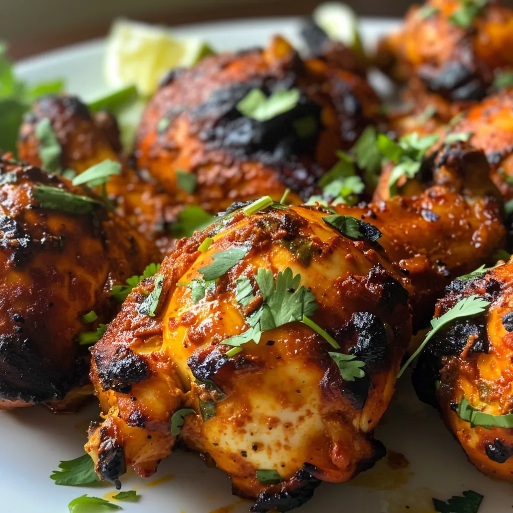 Pollo Tandoori recién hecho, brillante y dorado, listo para servir.