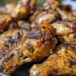 Pollo entero cocinándose a la parrilla con hierbas.