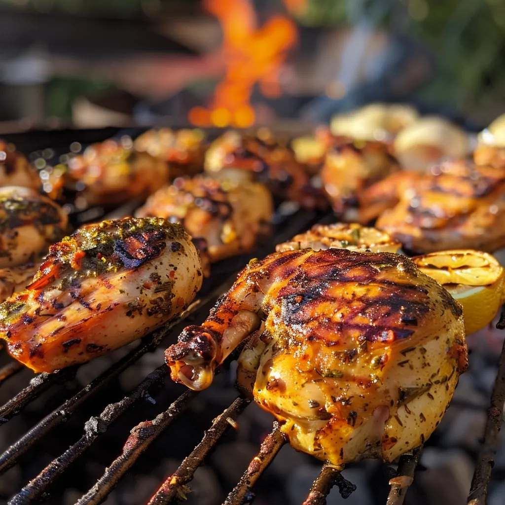Vista lateral de un pollo asado con glaseado dorado.