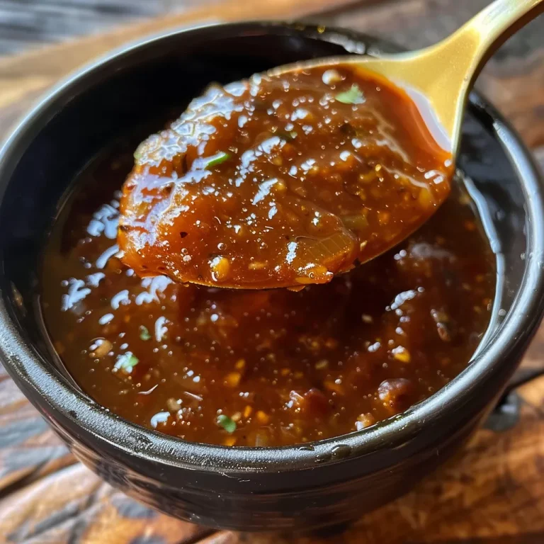 Frasco de salsa barbacoa mostrando su consistencia espesa y brillante.