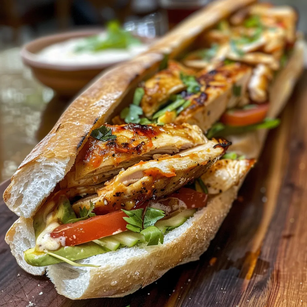 Close up de un Sandwich de Pollo mostrando su relleno fresco y sabroso.
