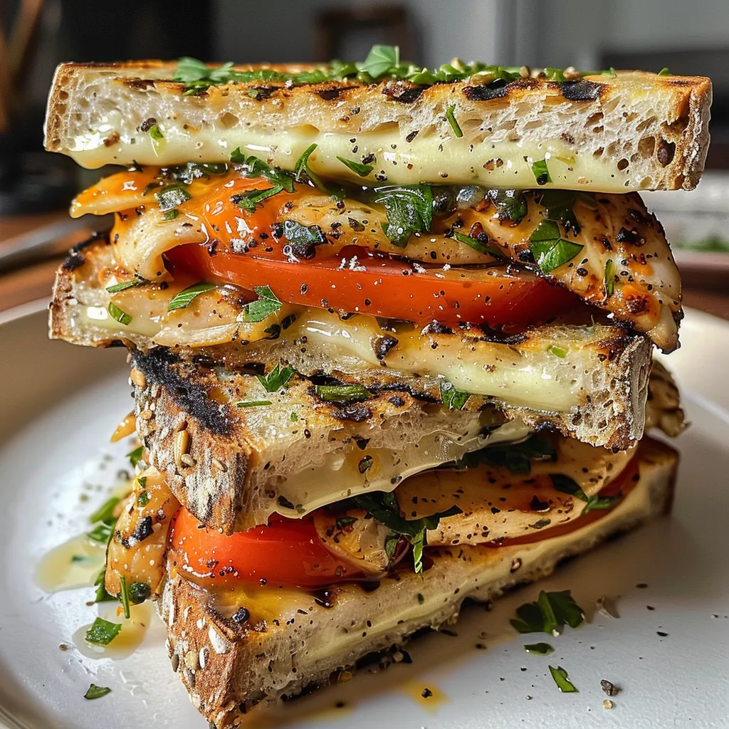 Sándwich de pollo a las finas hierbas presentado elegantemente en una superficie clara.