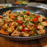 Imagen que muestra pollo tierno y pimientos coloridos en un sartén.