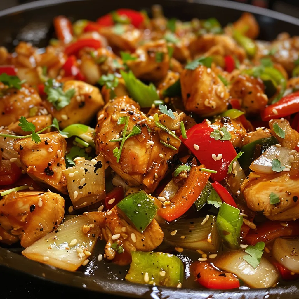 Close-up de un plato vibrante de pollo salteado con verduras frescas.